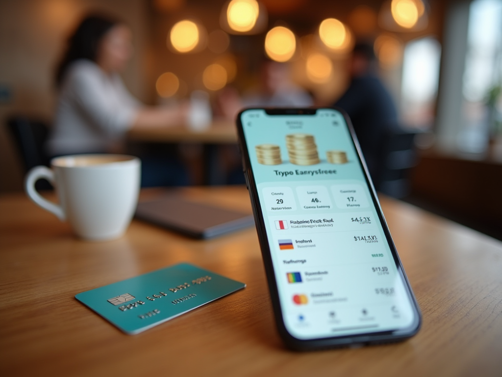 Смартфон с открытым финансовым приложением на столе в кафе, чашка кофе и банковская карта рядом.