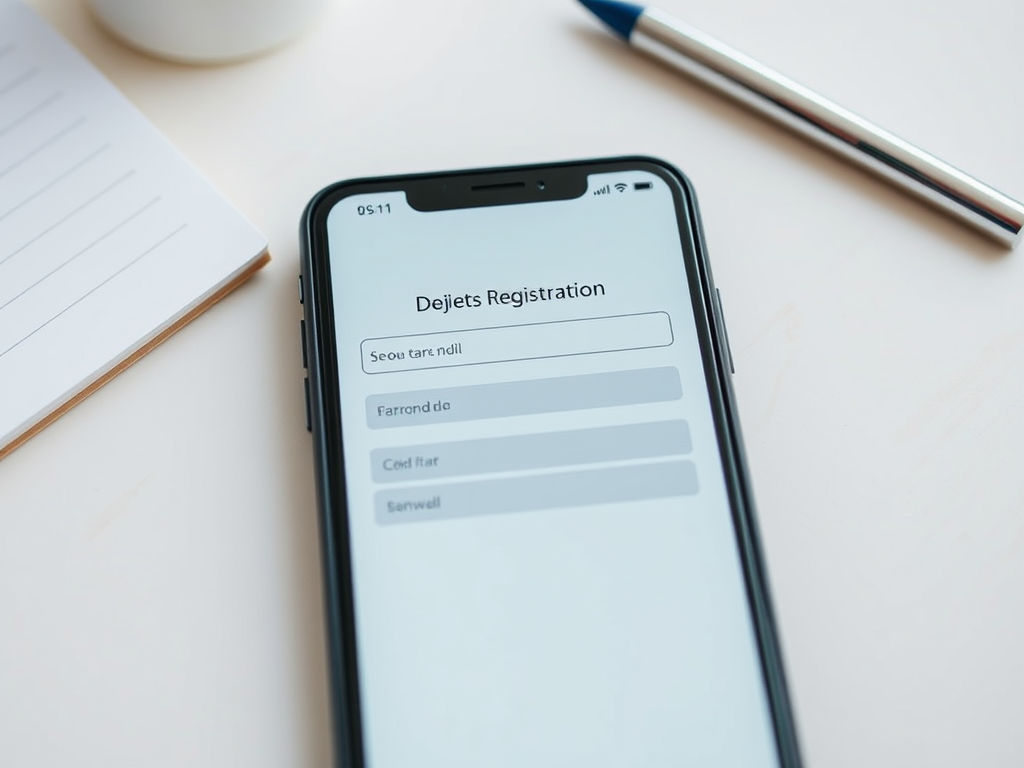 Экран телефона с формой регистрации на фоне блокнота и ручки. Текст на экране: "Регистрация Dejets".